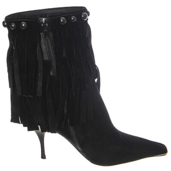 Jeffrey Campbell Trotting Pointed Toe Heeled Fringe Bootie in Black Suede, 6.5 - Picture 1 of 13